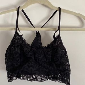 Womens black semi-sheet lace bralette with two sheer layers and velvet detail